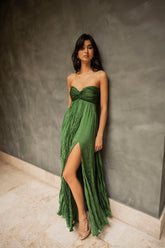 Elegant Strapless Pleated Maxi Dress – Emerald Green