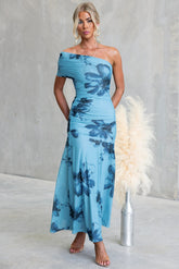 Floral Print One-Shoulder Ruched Maxi Dress