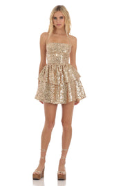 Sequin Lace-Up Dress in Gold | LUCY IN THE SKY