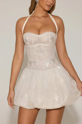 Embellished Halterneck Bubble Hem Mini Dress in Ivory