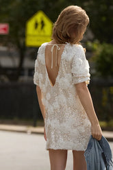 Kayleena Ivory Sequin Rosette Tie-Back Shift Dress