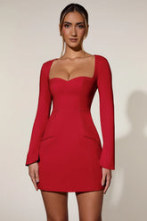 Sweetheart-Neck Long-Sleeve A-Line Mini Dress in Red