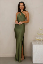 The Delilah Satin Halter Maxi Dress Olive