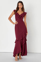 Charming Event Burgundy Asymmetrical Ruffled Maxi Dress