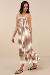 Exceptionally Pristine Brown and Cream Striped Cutout Midi Dress