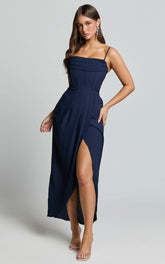 High Low Wrap Corset Dress in Navy