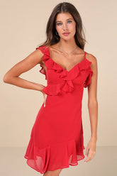 Captivating Always Red Ruffled Asymmetrical Mini Dress