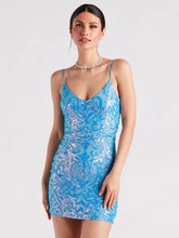 Women Blue Embellished Sequined Bodycon Mini Dress