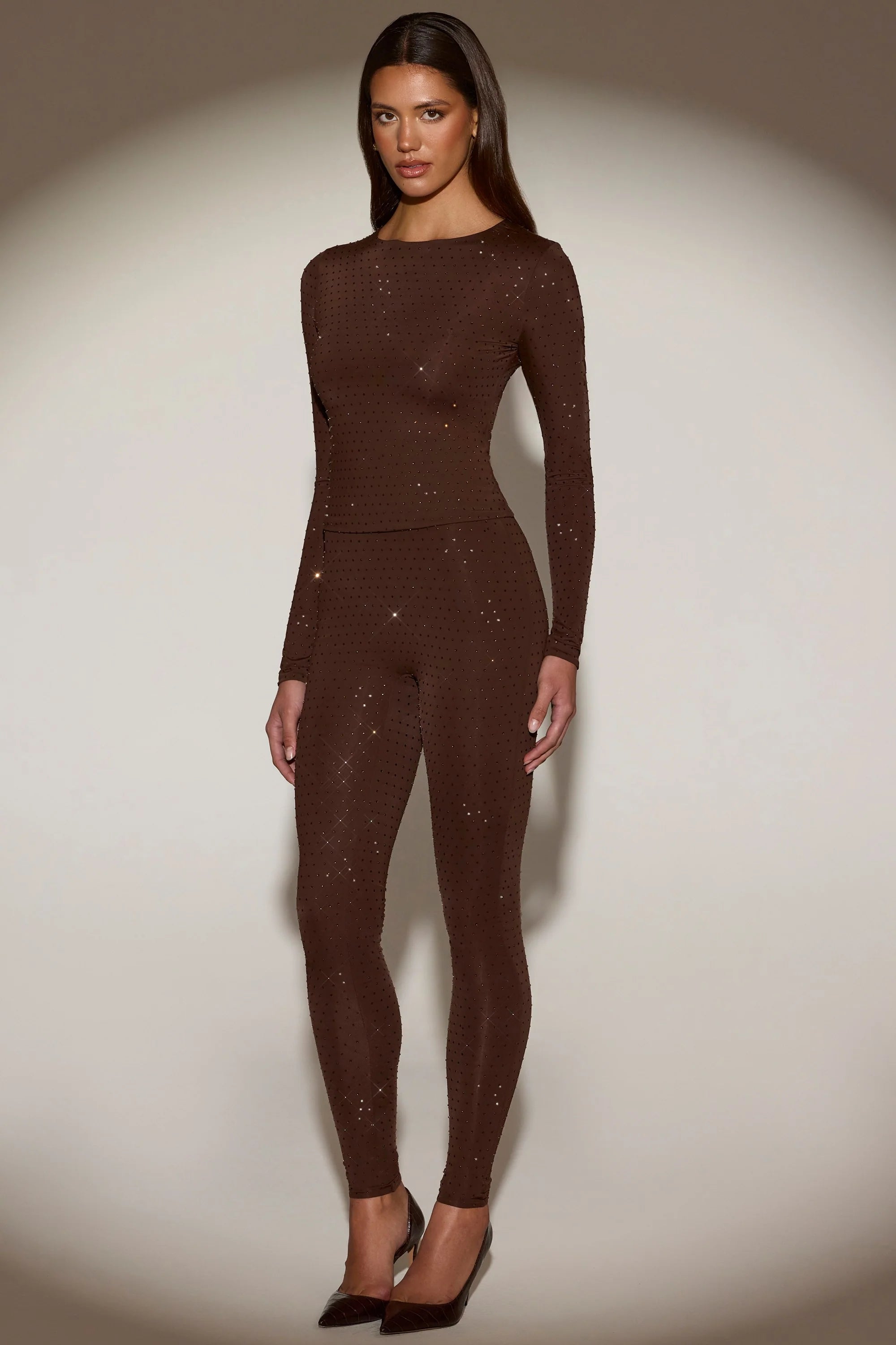 Embellished Long-Sleeve Top in Chocolate Brown