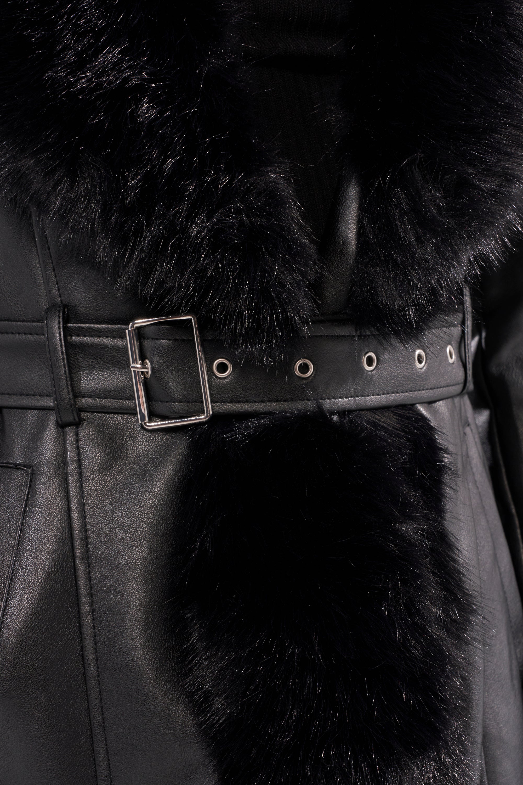 VIVAN LONG PU TRENCH WITH FAUX FUR TRIM