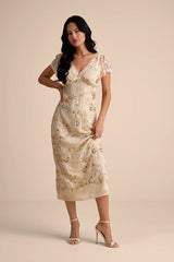 Angelila Beige Sequin Beaded Short Sleeve Midi Dress